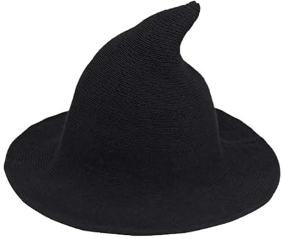 QUUPY Hexenhut für Damen, spitz, faltbar, breite Krempe, Strickmütze für Halloween, Weihnachten, Kostümparty, Schwarz