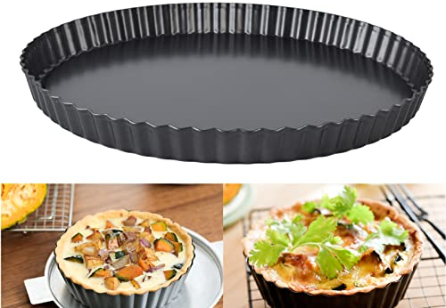 Teglia rotonda per quiche, stampo per teglia scanalata in acciaio al carbonio con fondo allentato rimovibile, grande tortiera antiaderente per cuocere la torta, pizza, cheesecake, crostata(26cm)