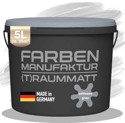 Farben Manufaktur Wandfarbe Zeitloses Grau Edelmatt 1-10 L [SEHR DECKEND] für ca. 35 m² – Atmungsaktive Innenwandfarbe – Schnelltrocknende Innenfarbe - Dispersionsfarbe Grau 5L