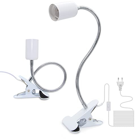 Crzpchas E27 Klemmlampe 2PCS Klemmleuchte, Weiß Leselampe Schreibtisch Buchlampe Lampensockel Halterung, mit 360°flexibel Schwanenhals und 220cm Kabel button 60w für Schlafzimmer Bett Büro