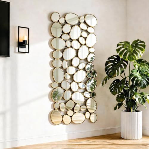 NXHOME Gold Wall Mirrors Decorative - 51x23 Large Modern Wall Mirror for Home Decor, 55 Pieces Multi-Size Pebble Design Metal Framed Accent Mirror for Entryway Bedroom Living Room Wall Art Decor