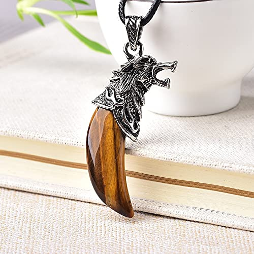 YONGERN 1PC Natural Crystal Point Pendant Wolf Tooth Amethyst Opal Handmade Mineral Jewelry Chain For Men Women Jewelry Amulet Souvenir (Color : Tigers Eye)