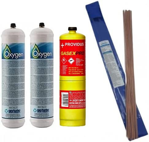 GASFRIGO - N° 2 bombole ossigeno per saldatura 930 ml. 110 bar M12x1 + 1 bombola gasex pro 400g. CGA600 + bacchette per saldatura lega rame fosforo argento 5% confezione da 250 g.