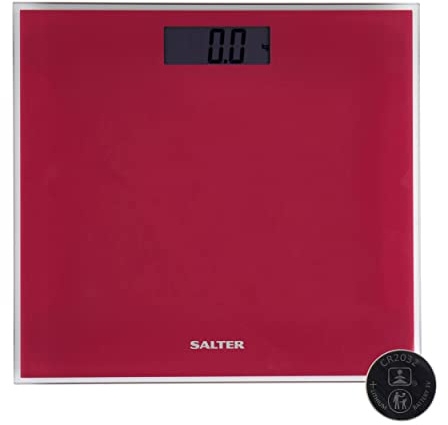 Salter 9037 PK3RREU16 Báscula de baño de vidrio personal - fina, 180 kg, pantalla LCD fácil de leer, activación al subirse, forma física, pilas incluidas, asegurada durante 15 años, rosa