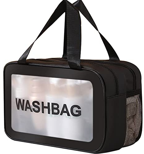 YIMIKE Travel Toiletry Bag,Large Clear Makeup Bag,Cosmetics Bag,Transparent Skin Care Bag for Toiletries,Waterproof & Draining,2 in 1 PVC Toiletry Organizer Thickened Wash Bag for Women Men (Black)