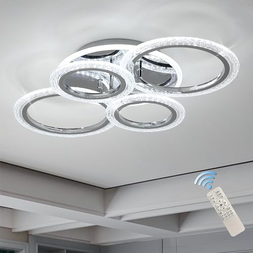 Qcyuui 58W Dimmable LED Ceiling Light, Modern 4-Ring Acrylic Flush Mount Chandelier for Living Room, Bedroom, Dining Room, Chrome Finish