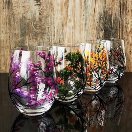 UEncounter 4Pack Four Seasons Tree Wine Glasses Hand Painted Wine Glass Fall Leaves Flower Seasons Colored Wine Glasses for Wine Cocktails Novelty Gift for Birthdays Weddings (Stemless glass)