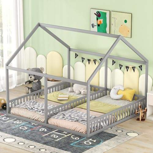 buiesjole Hausbett 90x200 cm Mit Rausfallschutz Kinderbett Für 2 Kinder Jugendliche 2-in-1-Betten Bodenbett Einzelbett Für Kinderzimmer Gästezimmer Gästebett Grau