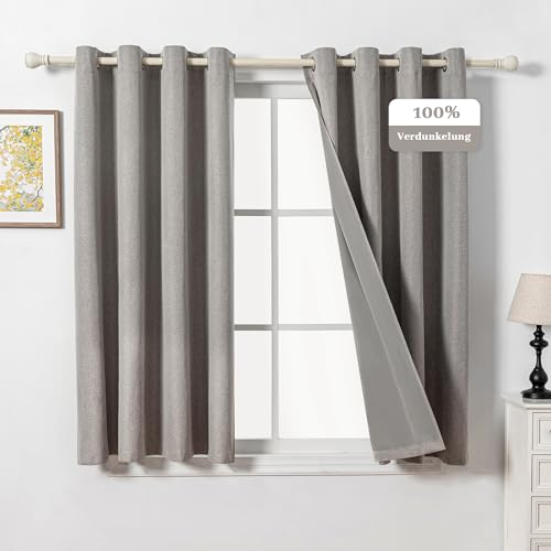 MYSKY HOME Vorhänge Kurz Leinenoptik Blickdichte Verdunkelungsvorhang mit Ösen Wohnzimmer Thermo Hitzeschutz Wärmeisolierend Leinen 2er Set H 160 x B 140 cm