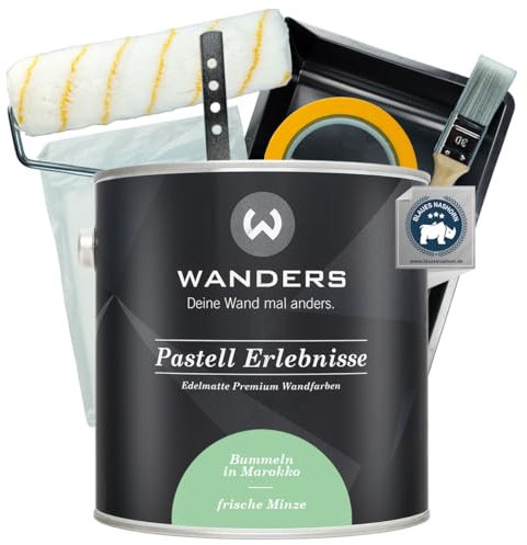 Wanders Pastell Erlebnisse Wandfarbe 2,5L (frische Minze, Grün) inkl. Streichset Basic – Premium Kreidefarbe, Leichte Anwendung, Hochdeckend, Ultramatt, Perfekt für Heim-DIY