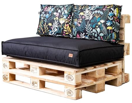 GoldenGroup Gartenset Kissen für Palettenmöbel Schwarz & Wiese - Strapazierfähiges Gewebe - Palettenkissen Set Gefüllt mit Schaumgranulat - 120x80x15 Sitzkissen - (2X) 60x40x15 Rückenkissen