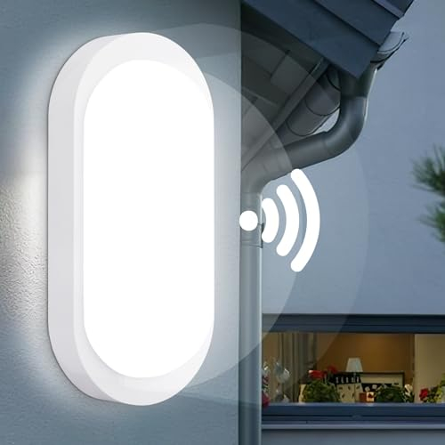 IEGLED lámpara de pared con detector de movimiento para interior, IP65 LED lámpara de sótano con sensor crepuscular, 12W luz a prueba de humedad, 1080LM LED lámpara de techo