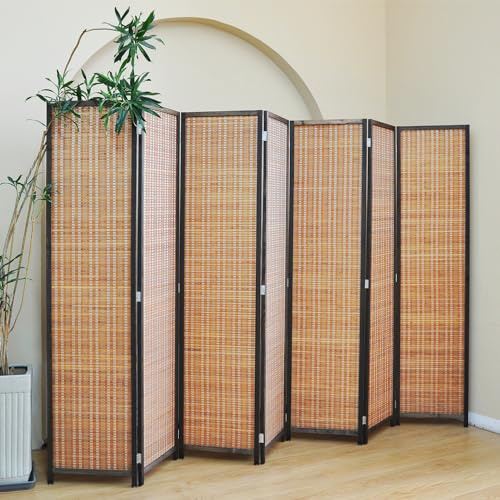 Furnnylane 7 Panel Bamboo Room Divider – 5.6 ft Tall Folding Privacy Screen, Natural Brown Freestanding Room Partition Wall (67 H x 107.5 W)