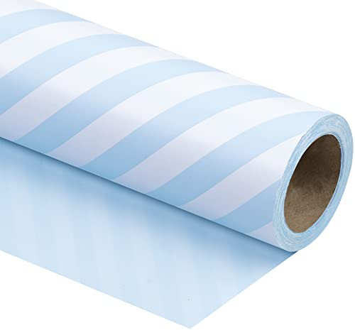 WRAPAHOLIC Vändbart omslagspapper – minirulle – 17 tum x 33 fot – babyblå och randig design för födelsedag, semester, bröllop, babyshower