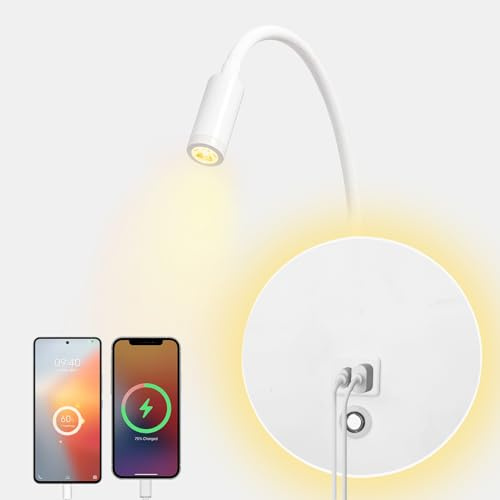 HUIZHOU Leselampe Wandmontage12W,Touch Control Wandlampe Dimmbar und USB Ladeanschluss,360° Drehbare Nachttischlampe Geeignet für Schlafzimmer, Treppen, Flure, Büros (weiß)