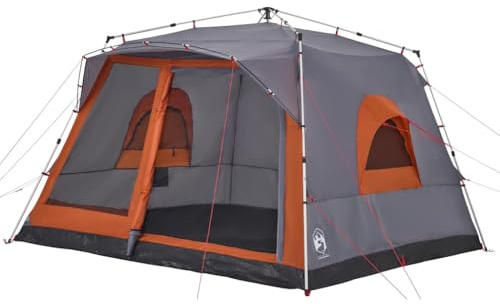 vidaXL Familienzelt für 7 Personen, Campingzelt mit E-Anschluss, Gartenzelt mit Quick-Release-System, Gruppenzelt, Grau Orange 190T Polyester