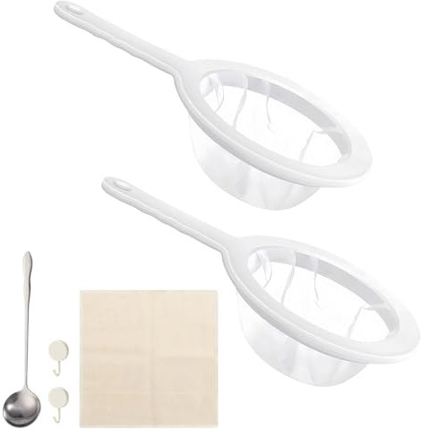 LHOEST Sieb Fein mit Griff, 2 Stück 200/400 Mesh Passiersieb Extra Fein mit Passiertuch, Rundlöffel und Haken, Küchensieb Kunststoff Nylon Feines Sieb Küche Klein für Saft Milch Kaffee