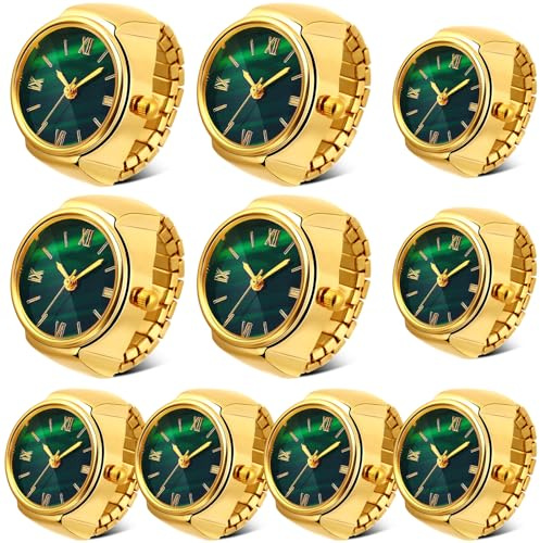 Landical 10 Pcs Finger Watches for Women Men Adjustable Clock Rings Bulk Creative Elastic Round Quartz Finger Watches(Green,Gold,Normal)