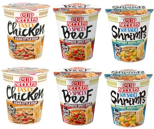 YIJIA | Pack 6 x 67grs Ramen Instantaneo Cup Noodles sabor Gamba, Pollo y 5 spices Ternera