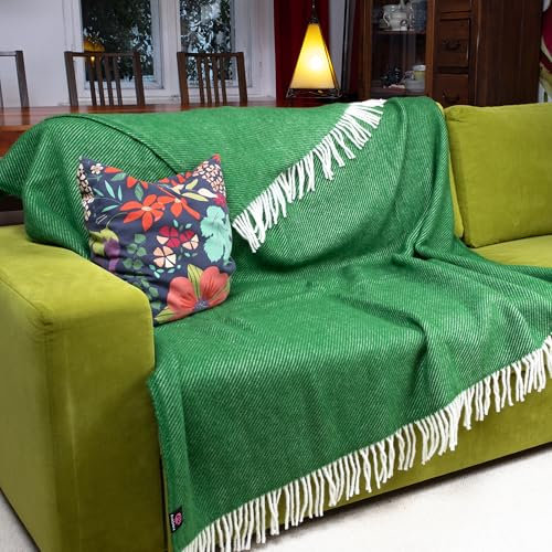 PinkZebra Calda coperta di lana molto spessa da 500 g/m² in 100% pura lana merino naturale della Nuova Zelanda, copriletto160 x 200 cm, coperta da divano, coperta da vivere, con frange, verde