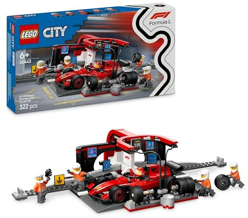 LEGO City F1 Boxenstopp mit Boxencrew und Ferrari Flitzer - Formel 1 Pit Stop Set mit 1 Rennfahrer und 4 Mechaniker Minifiguren - Spielzeug Rennauto für Jungen und Mädchen ab 6 Jahren - 60443