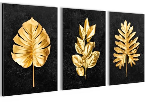 Novart Bilder Set Goldene Blätter - Kein Extra Rahmen benötigt - Wandbilder für Wohnzimmer Schlafzimmer Flur - 3 Teilig Deko Schwarz Gold - N033236a
