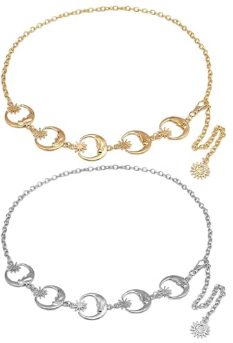 2 PCS Metal Waist Chain Belt, Moon & Star Link Belt, Silver & Gold | Adjustable, Fashion Sun Body Belly Belt Chains, for Women Girls Jeans Dress Coat Decorative