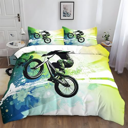Juego de ropa de cama de estilo collage 200 x 200 cm para niños, niños y adolescentes, juego de funda nórdica para cama individual, estilo clipart, motociclistas, fundas nórdicas estampadas con