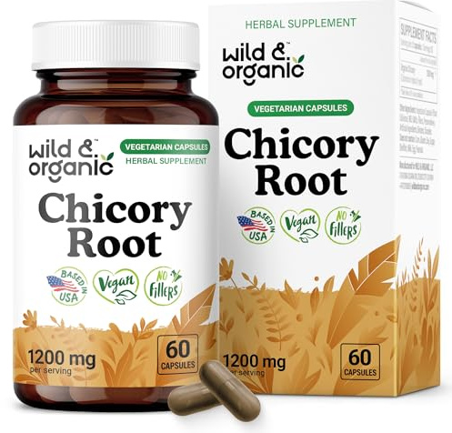 Wild & Organic Chicory Root Capsules - 1200 mg of Chicory Root Powder per Serving - Digestive & Gut Support - Prebiotic Inulin Supplement - Non-GMO, Vegan Inulin Capsules - 60 Count