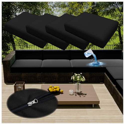 Wasserdichte Sofa-Sitzkissenbezüge mit Reißverschluss, abnehmbare Stuhlauflagen für drinnen und draußen, Terrasse, Rattanmöbel, Schwarz, 50 x 55 cm, 4 Stück