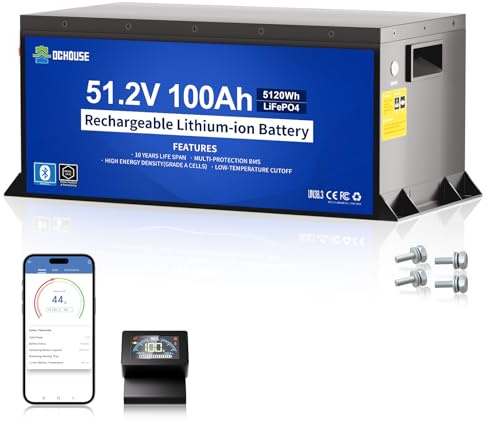 DCHOUSE - LiFePO4-batteri 48 V, 100 Ah, med bildskärm och Bluetooth, lågtemperaturavstängning, robust metallhölje för golfbil, solanläggningar, husbil, gräsklippare