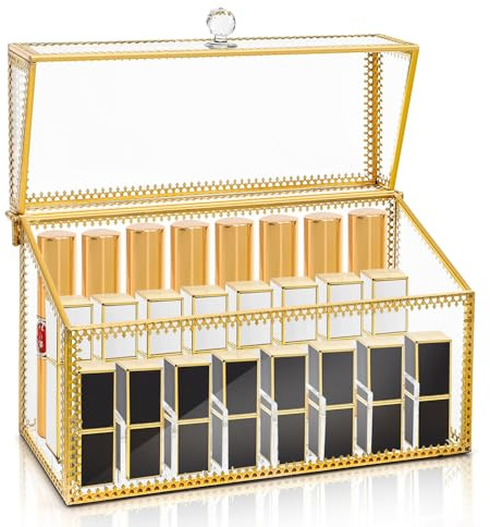 Pumtus 24 Slots Lipstick Organizer with Lid, Dustproof Tempered Glass Lipgloss Case, Vintage Clear Perfume Holder with Removable Divider, Versatile Luxury Vanity Makeup Storage Box for Cosmetics