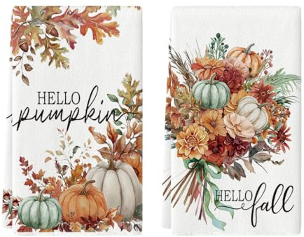Artoid Mode Kürbisse Blumenstrauß Herbst 42x65 cm 2er Set Geschirrtücher | Saisonal Blätter Fall Polyester Küchentücher Handtücher Küche Dekor