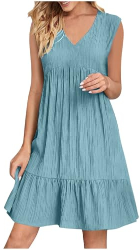 XCXC Sommerkleid Damen ärmellos V-Ausschnitt Kleid Locker Geschnitten A-Linie Kleider Strandkleid Frauen Leicht Luftig Knielang Crinkle Look Freizeitkleid