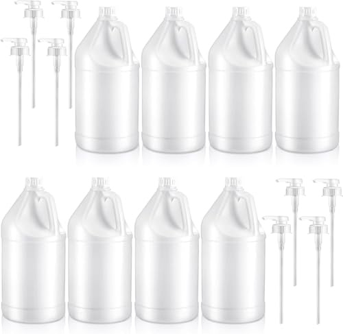 (8 Packs) 1 Gallon Plastic Jug with Lids BPA Free Reusable Round Clear Plastic Jug with White Cap Heavy Duty HDPE Containers with Pump Dispenser for Sauces Soaps Detergents Liquids Storage