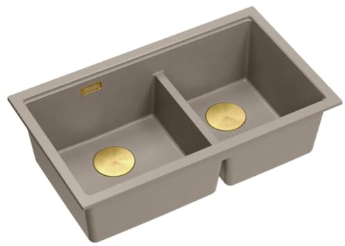 QUADRON 2 Bacs Evier en Granit Cuisine | Taille 78 x 50 x 23,5 cm Couleur : Soft Taupe & Golden Pvd | LOGAN 120 | Evier en Granit avec siphon | Evier 2 Bacs sous le meuble à partir de 80 cm