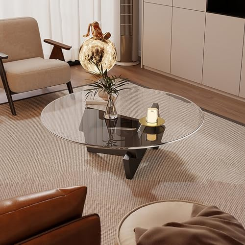 Qiydia Table basse moderne du milieu du siècle, table centrale ronde en verre avec base en bois massif, table de cocktail circulaire funky contemporaine pour salon, petit espace (68,6 x 68,6 x 30,5 cm