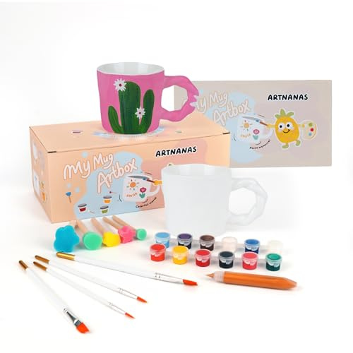 Artnanas Keramik Tassen Bemalen set mit Hochglanz Porzellanfarbe, 2er Mug Cup DIY set Erwachsene Spülmaschinenfes, Kreativ Painting Geschenk für Eltern-Kinder/Liebhaber/Freund (mit Drehhenkel)