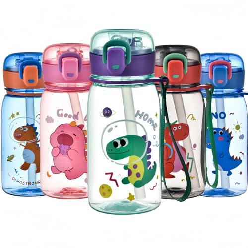 MHwan Trinkflasche Kinder, 400ml Robuste und Bruchsichere, Süßer Dinosaurier Trinkflasche Auslaufsicher mit Strohhalm, BPA-Frei, Tragbare Kinder Wasserflasche Geeignet für Schule Reisen