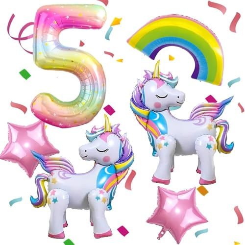 Nine San 6 Stücke Stehend Einhorn 5th Luftballons Regenbogen Unicorn Zahlen 5 Folienballon Einhörner Numbers 5 Helium Ballon Einhornballon Party Geburtstag 5th Einhornparty Deko