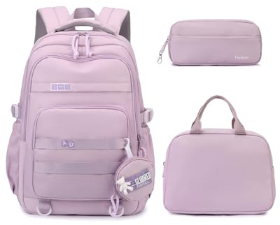 Amythe Mochila Escolar para Niña 3 Piezas - Set de Colegio (Mochila Chicas + Fiambrera + Estuche) con Monedero - Mochilas Escolares de Viaje Ligera para Niños 9-16 Años -Morado