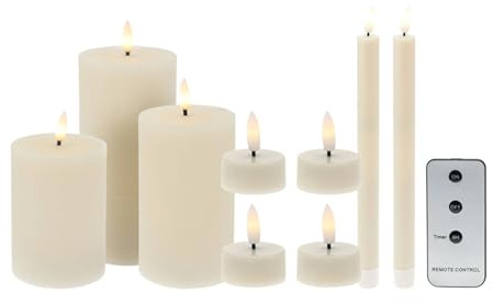 Set de 9 Velas LED - Velas de Pilar, Velas de Cena y Candelitas con Superficies Rústicas y Lisas con Control Remoto