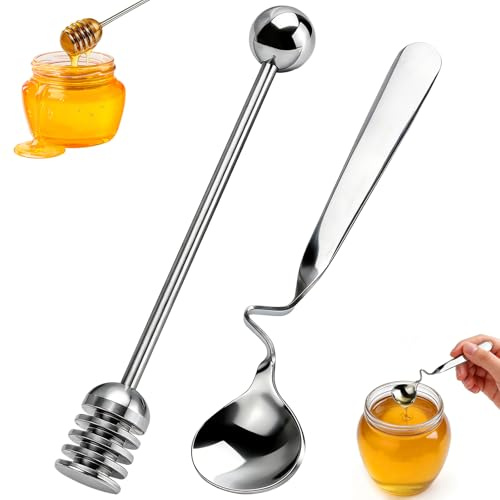 HZOUHONG Lot de 2 cuillères à miel, cuillères à confiture en acier inoxydable, à suspendre, bâtonnets de miel, cuillères à miel avec spirale, cuillères à mélanger pour confiture, yaourt, sirop
