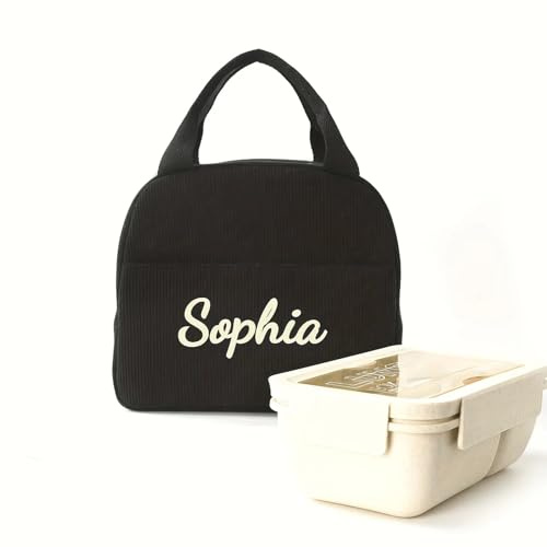 Zhongzhi Bolsa de almuerzo bordada personalizada, con aislamiento térmico, costuras personalizadas, portátil para niños y niñas, ideal para la escuela/al aire libre (negro)