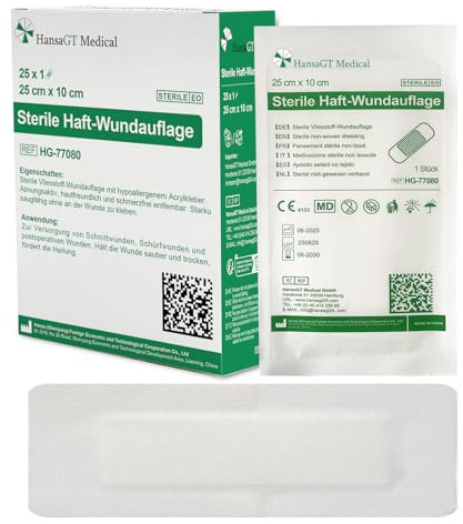 HansaGT Medical Steril Wundpflaster 25cm x 10cm, Steriler Wundverband für sensible Haut, Sensitiv & Selbstklebend Schützt bei Schnittwunden Kratzern zur äußeren Einzeln verpackt 25 Stück
