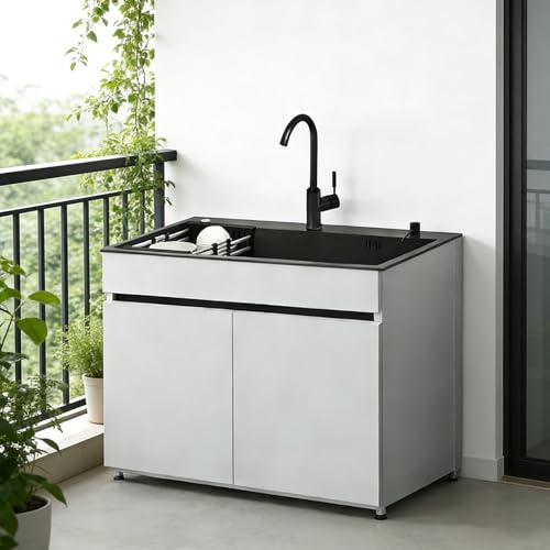 Edelstahl Spültisch mit Warm- und Kaltwasser Wasserhahn, Einzelbecken Freistehende Küchenspüle mit Vorratsschrank, Ablaufkorb, Ablassvorrichtung für Außen, Innen