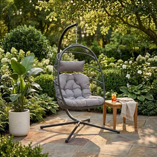 Quipulse Egg Chair, Hanging Egg Chair with Stand, Rattan Wicker Swinging Egg Chair, Hanging Basket Chair with Cushion, Thickened Aluminum Alloy Steel Frame, 350 Lbs Capacity for Outdoor/Indoor Use
