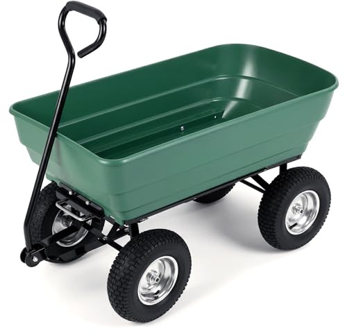 COSTWAY Chariot de Jardin avec Benne Basculante 125 L | Brouette de Transport à Poignée Réglable, 4 Roues Tout-Terrain Cadre Métallique, Charge 410 kg pour Terrasse Camping Shopping