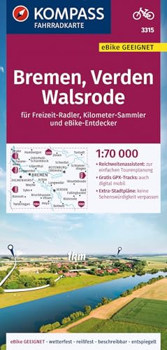 KOMPASS Fahrradkarte 3315 Bremen, Verden, Walsrode 1:70.000: reiß- und wetterfest mit Extra Stadtplänen