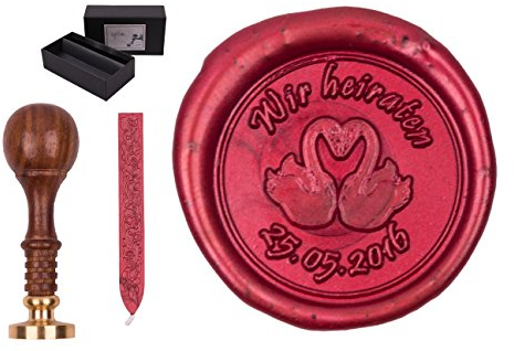 gravurART - Siegel-Set Sigillum mit Gravur zur Hochzeit, Motiv verliebte Schwäne und indivudueller Rundtext, incl. 1 Stange Siegelwachs